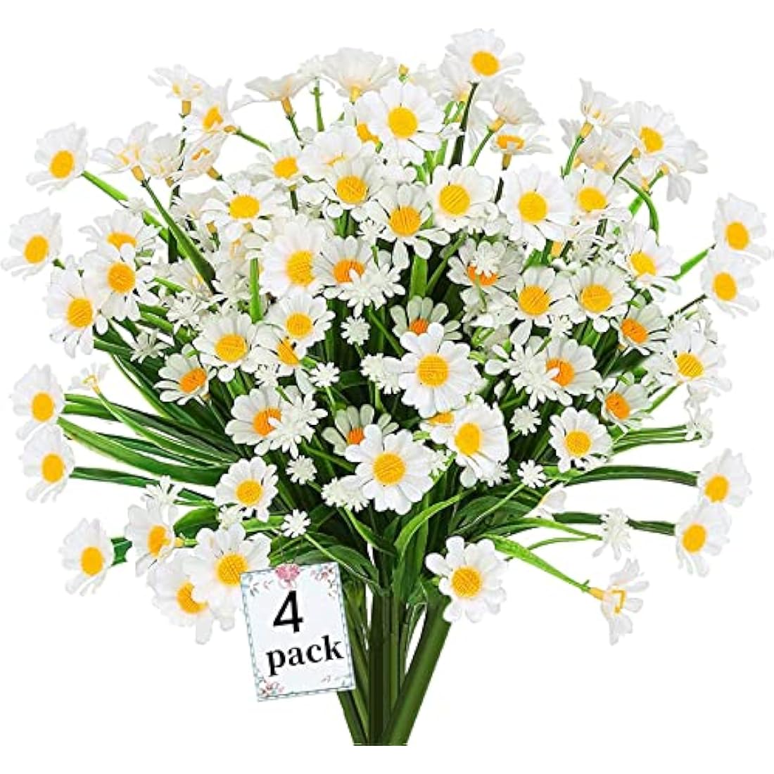 4PCS Artificial Daisy Flowers Outdoor Spring Summer Decoration UV Resistant Fake Flowers Faux Plastic Greenery Shrub Plant Indoor Outside Hanging Garden Home Porch Wedding Party Decor (White)