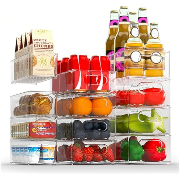 Finew Fridge Organiser Set of 12 (4 Small / 4 Medium / 4 Large), Stackable Storage Bins, Clear Kitchen Organisation Containers for Pantry, Cupboards, Refrigerator, Bathroom - BPA Free