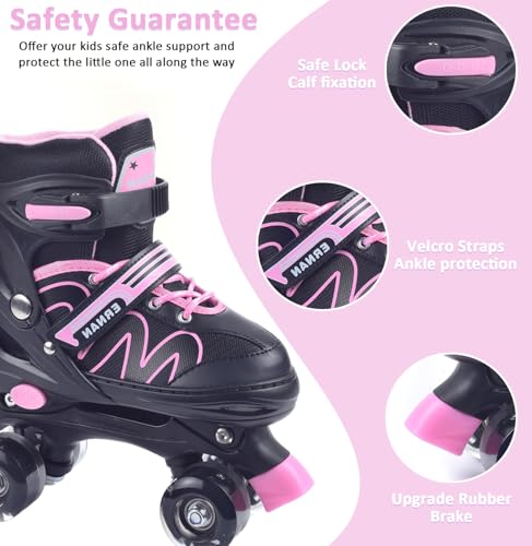 ERNAN Roller skates kids Roller boots,8 Light up Wheels and 4 Sizes Adjustable.Rollerskates for Kids Beginners, Suitable for Indoor Outdoor (Pink, S)