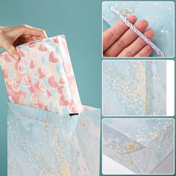 10 Pieces Gift Bag Medium Size Present Bag with Handle 10 Tissue Paper Gift Bags for Birthday Party 20X 10 X 28 cm Marbling Design