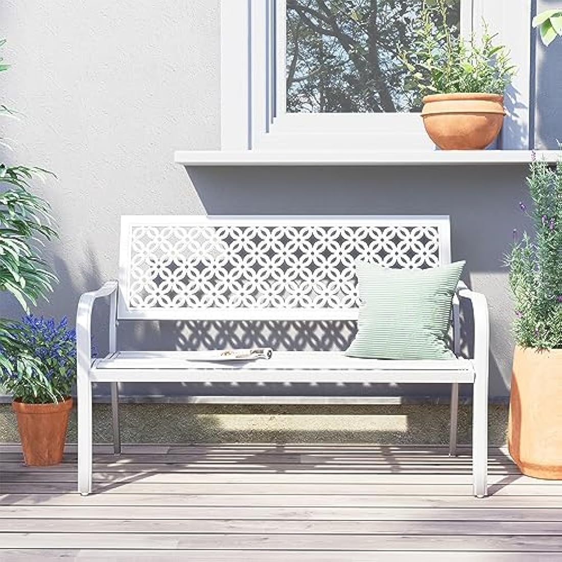 Grand patio Garden Bench, Outdoor Bench with 2-3 Seater, Rust Resistant, Stamped Pattern, Choice of Colours, Suitable for Indoor, Outdoor, Patio, Park (Modern, White)