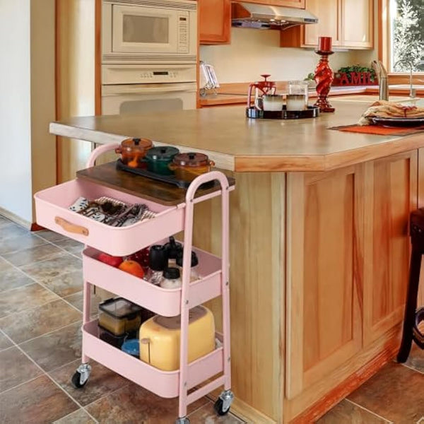 DOEWORKS Storage Trolley on Wheels 3-Tier Metal Trolley Cart with Drawer Rolling Kitchen Trolleys Beauty Trolleys with Leather Handle for Room Bathroom Office, Pink