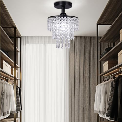 FRIXCHUR Mini Crystal Chandelier Ceiling Light Hallway Black Ceiling Lighting Fixture 3 Tiers Crystal Raindrop Flush Mount Chandeliers for Bedroom Kitchen Dining Room