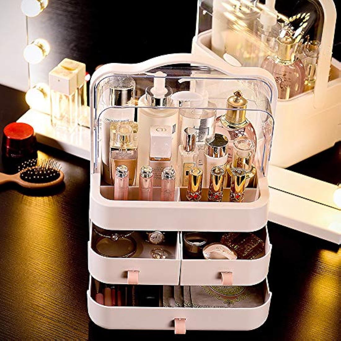 RMAN® Makeup Organiser with Drawers Cosmetics Organiser with Carry Handle Large Perfume and Skincare Organiser for Dresser, Bathroom, Bedroom, Waterproof and Dustproof - Pink