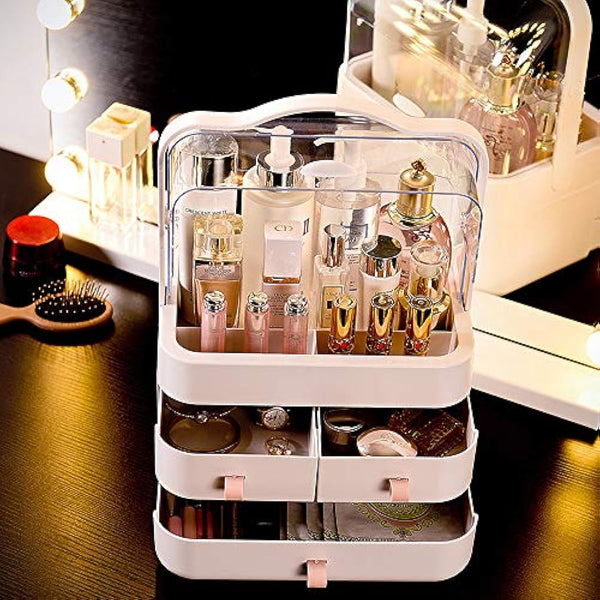 RMAN® Makeup Organiser with Drawers Cosmetics Organiser with Carry Handle Large Perfume and Skincare Organiser for Dresser, Bathroom, Bedroom, Waterproof and Dustproof - Pink
