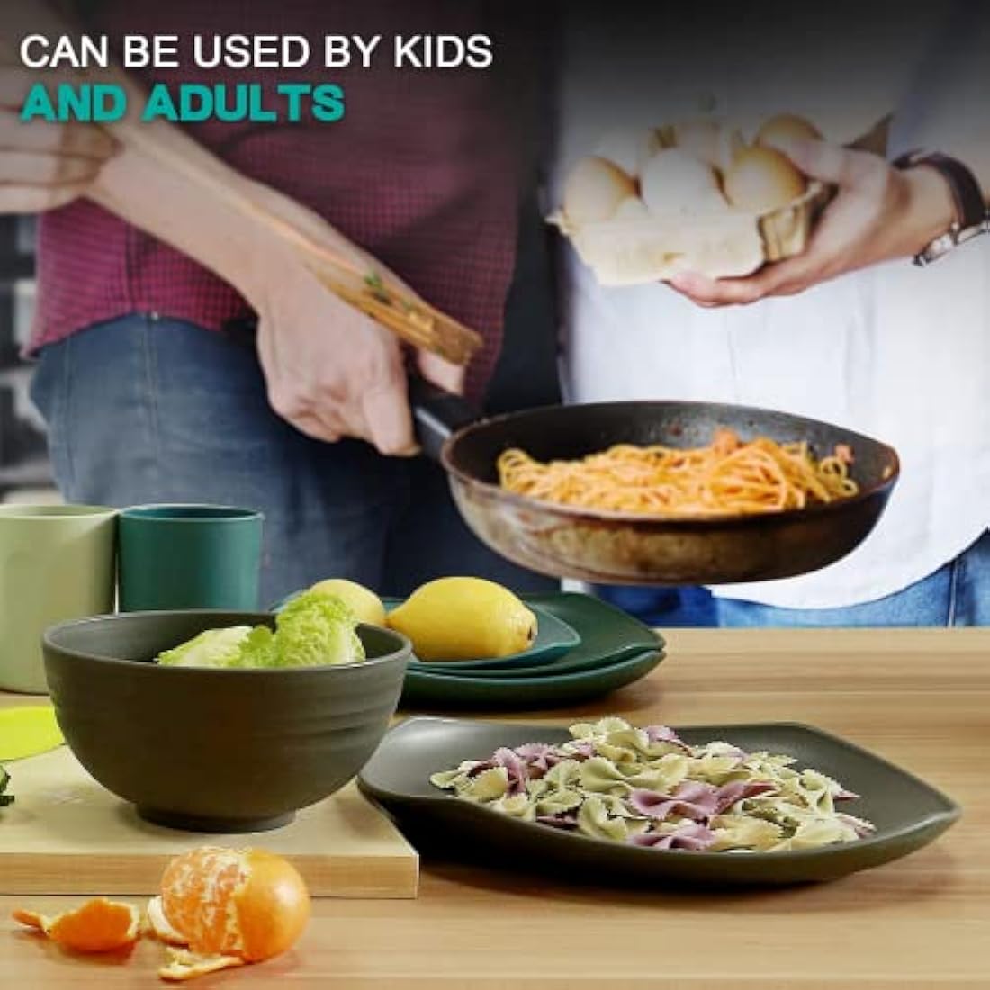 Greentainer Unbreakable Plastic Dinnerware Sets, 16 pcs Lightweight Camping Tableware Set, Microwave & Dishwasher Safe Plates Set, Bowls, Cups Mugs, Service for 4, Great for Kids & Adults - Green