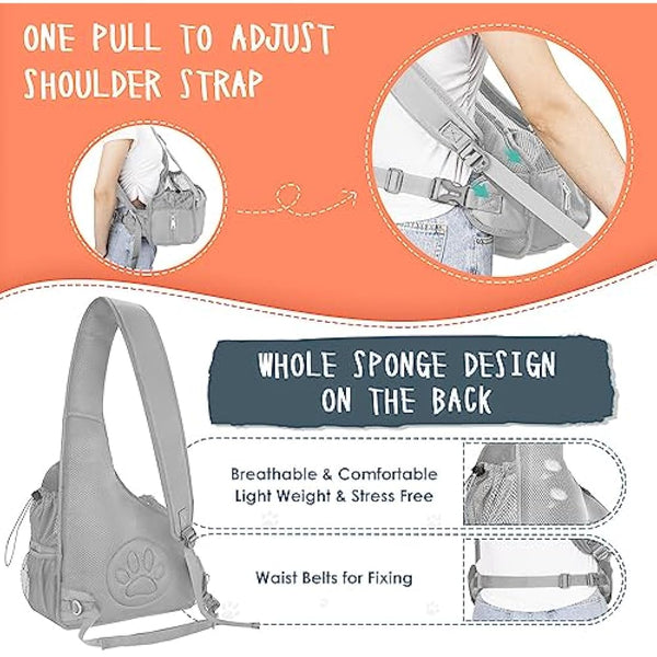 Eyein Pet Puppy Sling Carrier, Up to 6 lbs Hand Free Cat Dog Papoose, Hard Bottom Support Small Animal Travel Tote Bags with Breathable Mesh Adjustable Padded Strap Safety Belt Machine Washable