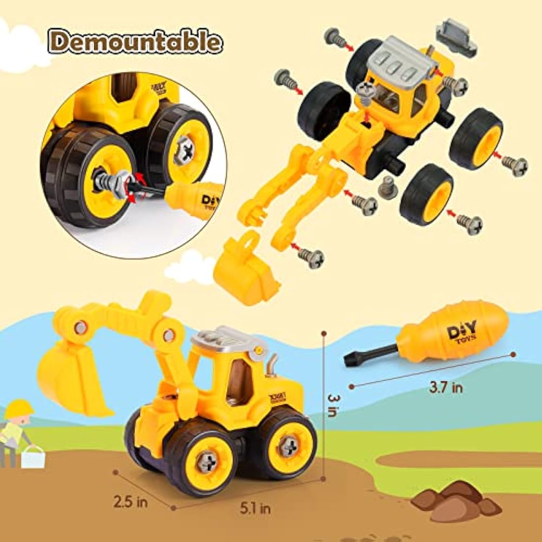 Anginne 4 in 1 Construction DIY Take-Apart Digger Toys Cars Set - Building Toys & Educational Gifts