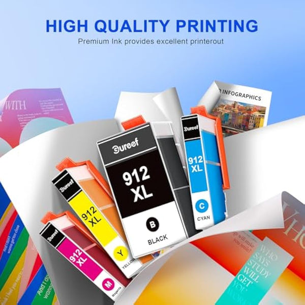 Gureef 912 XL 912XL Ink Cartridges Replacement for HP 912 XL Ink Cartridges Multipack with New Chip for HP OfficeJet Pro 8020 8022 8023 8024 8025 OfficeJet 8010 8012 8014 8015 Printer (4-Pack)
