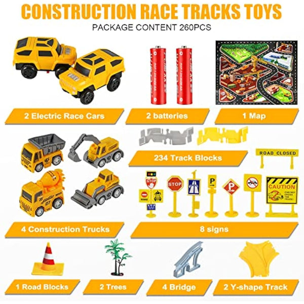 260 PCS Construction Race Tracks for Kids Toys, 2 Electric Cars, 4 Construction Cars, 1 Map & Flexible DIY Track Set, Engineering Presents for 3 4 5 6 Year Old Boys Girls
