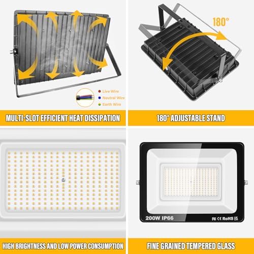 RIGIDON 1 Pcs Outdoor Flood LED Work Light, 200W 20000 Lumens Floodlight, Daylight Warm White Security Lights for Garden Yard Lawn Basketball Football Court Patio Landscape, IP66 Waterproof 3000K