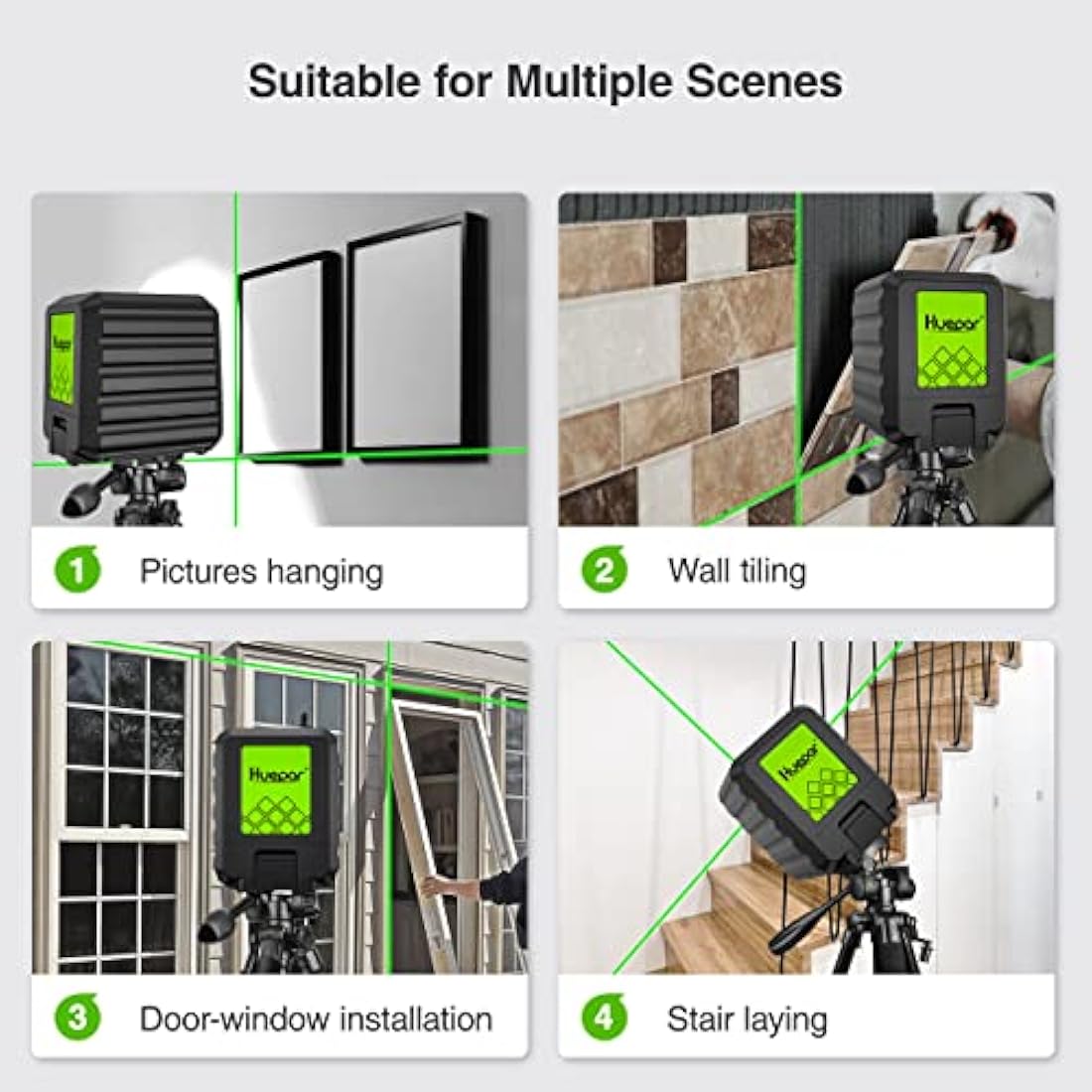 Huepar Self-Leveling Green Beam Cross Line Laser Level - Vertical and Horizontal, 100ft Alignment Tool for Picture Hanging and DIY, Battery Included-B011G