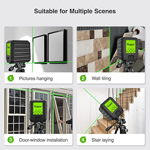 Huepar Self-Leveling Green Beam Cross Line Laser Level - Vertical and Horizontal, 100ft Alignment Tool for Picture Hanging and DIY, Battery Included-B011G