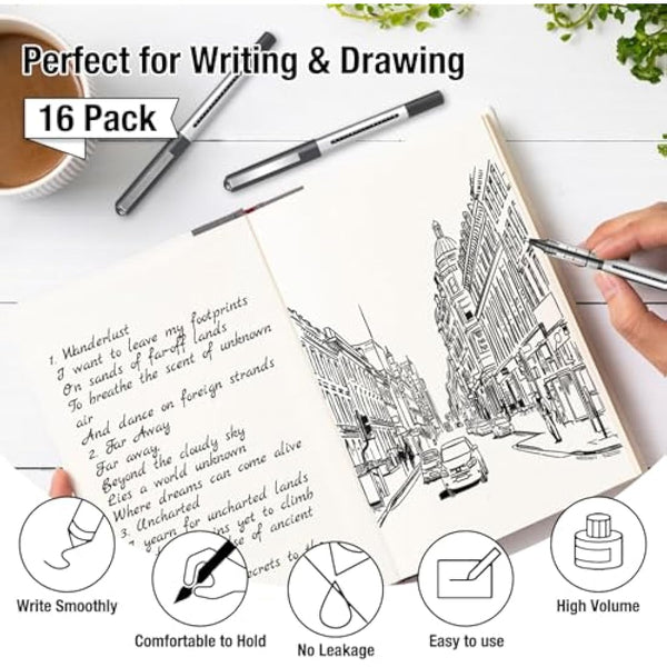 AKARUED Rollerball Pens 16 Pack Black Gel Pens, 0.5mm Liquid Ink Quick-Drying Ballpoint Pens Writing Pens for Bullet Journal, Notebook. School & Office Supplies for Students Adults