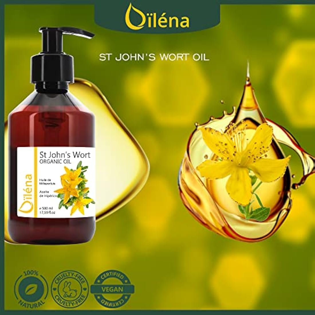 Oïléna - St. John's Wort Hypericum Oil 500 ml | Natural Cold Pressed Massage Oil | Body & Face Relaxing Oil | Anti Stretch Mark & Hydrating Skin Care | Regenerative Skin Oil, 500 ml Pack