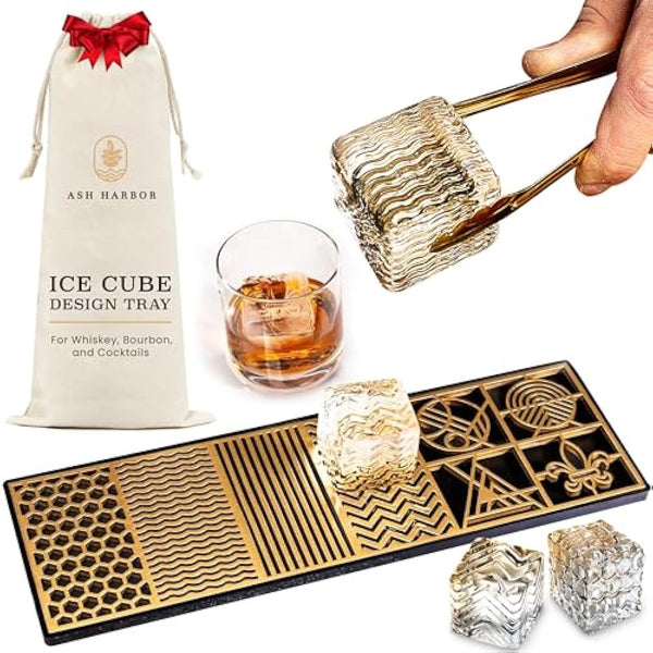 Ice Designer Tray – Craft Modern Ice Molds for Whiskey, Bourbon, & Cocktails in 5 Seconds – Whiskey Ice Mold Ice Cube Stamp – Bartender Accessories for Clear Ice Cocktails by Ash Harbor (Patterns)