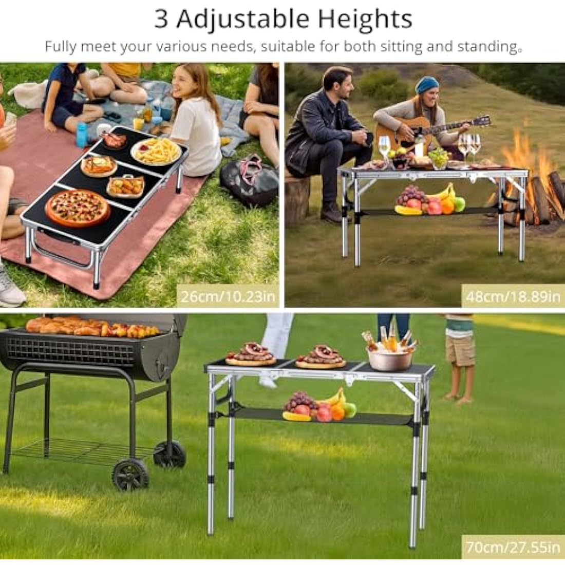 Anbte Folding Camping Table, Aluminum 88 cm x 40 cm Portable Table Picnic Table with Storage Net Adjustable Waterproof Lightweight Foldable Stored for Outdoor Indoor Picnic Beach Backyard(3 heights)