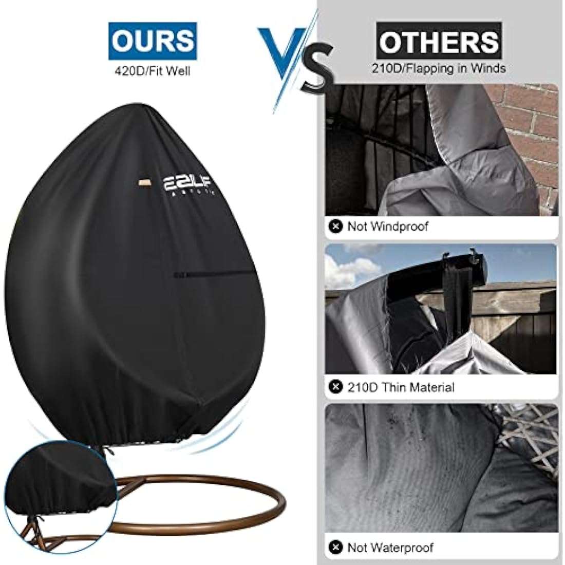 Ezilif Egg Chair Cover, 420D Heavy Duty Oxford Egg Chair Covers Waterproof, Hanging Egg Chair Cover with Waterproof Zipper, UV-Anti & Windproof Cover for B&M & Aldi Swing Chair, 190 x 115cm