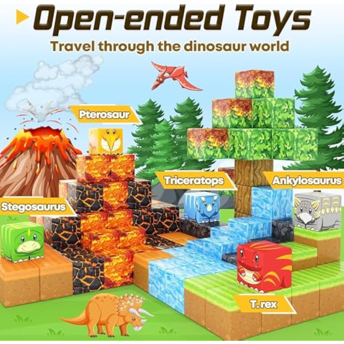 Dinosaur Toys Magnetic Blocks-Build Mine Magnet World Volcano Edition Kids Toy for 3+ Year Old Boys and Girls, Magnetic Tiles Toddler Toys Games Building Jurassic Construction Sensory Toy Gifts
