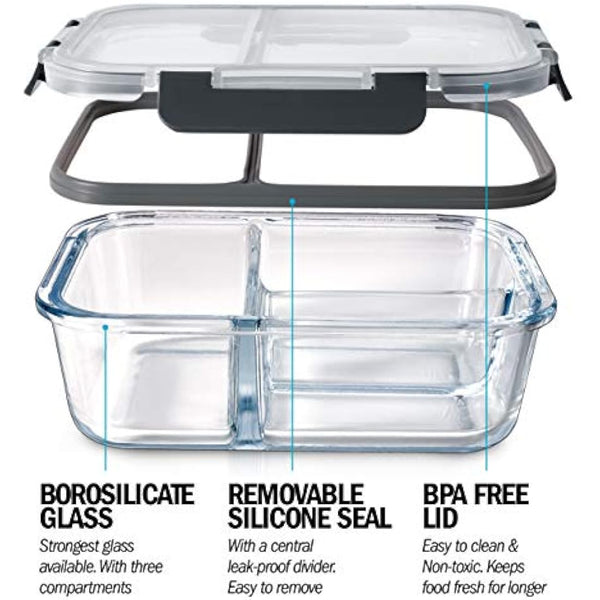Igluu Meal Prep Glass Containers with Airtight SnapLock Lids 3 Pack 3 Compartment 980ml 33oz BPA-Free Meal Prep Containers Reusable – Borosilicate Glass, Oven Safe