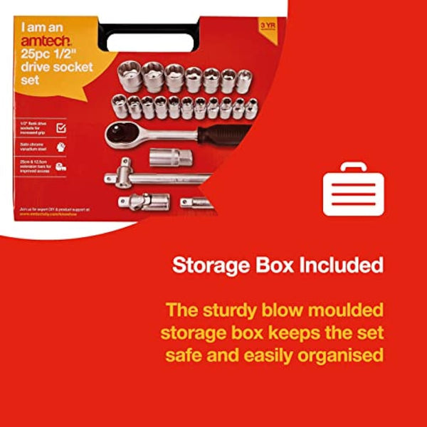 Amtech - Ratchet Driver Socket Set, DIY at Home, Easy to Use, Ideal for Heavy Jobs with Larger Nuts, Strong Chrome Vanadium Steel, Includes Convenient Storage Box (25 ½” Piece)