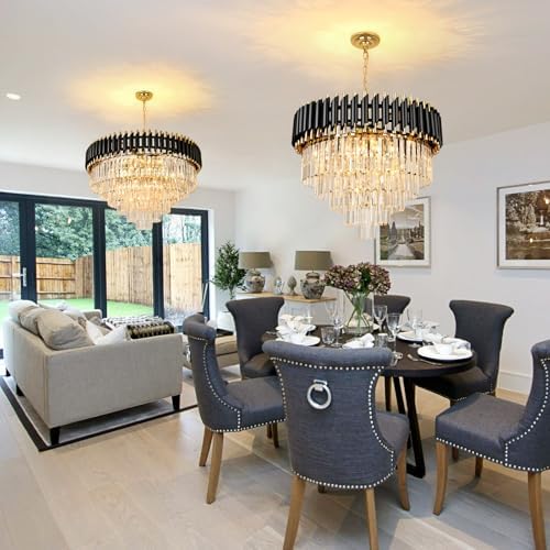 AOOCHOK Black and Gold Crystal Chandelier Pendant Light, Round Modern Crystal Chandelier for Dining Room, Living Room, Bedroom, Restaurant, E14 x 8, Φ60cm