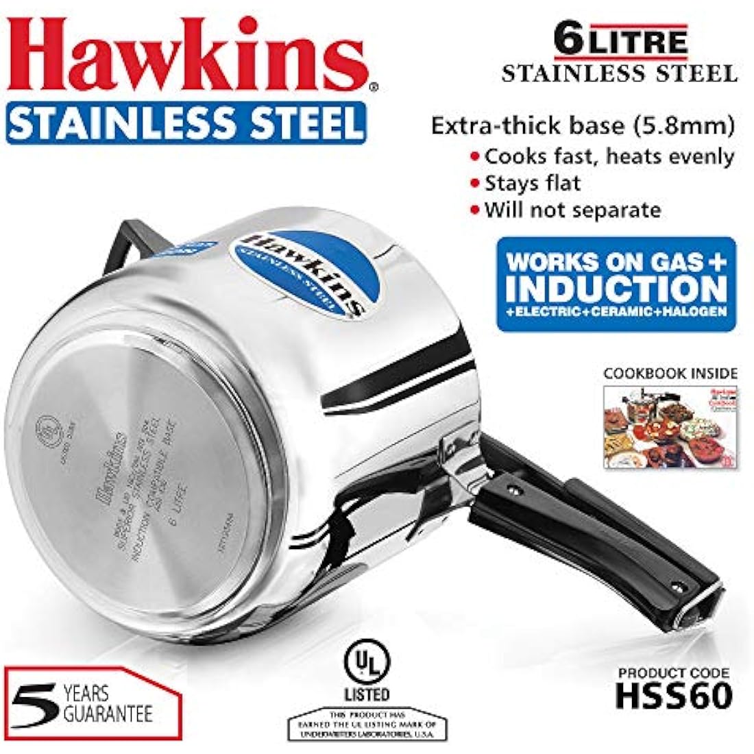 Hawkins Stainless Steel Induction Compatible Pressure Cooker, 6 Litre, Silver (HSS60)