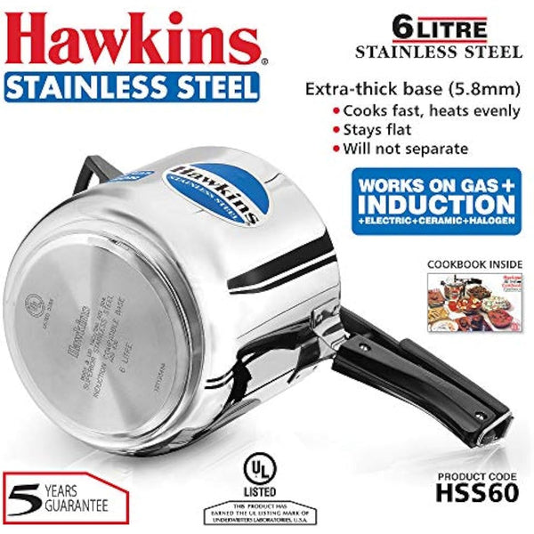 Hawkins Stainless Steel Induction Compatible Pressure Cooker, 6 Litre, Silver (HSS60)