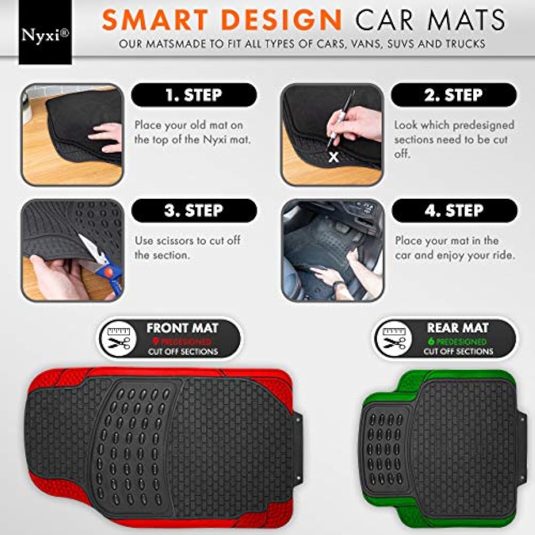 Nyxi 5 Piece Rubber Car Mat XL Boot Mat (Front + Rear + Boot Mat 137cm X 110cm) Universal Non-Slip Deep Dish Heavy Duty for Cars SUV Truck and VAN, Water Proof, All Weather