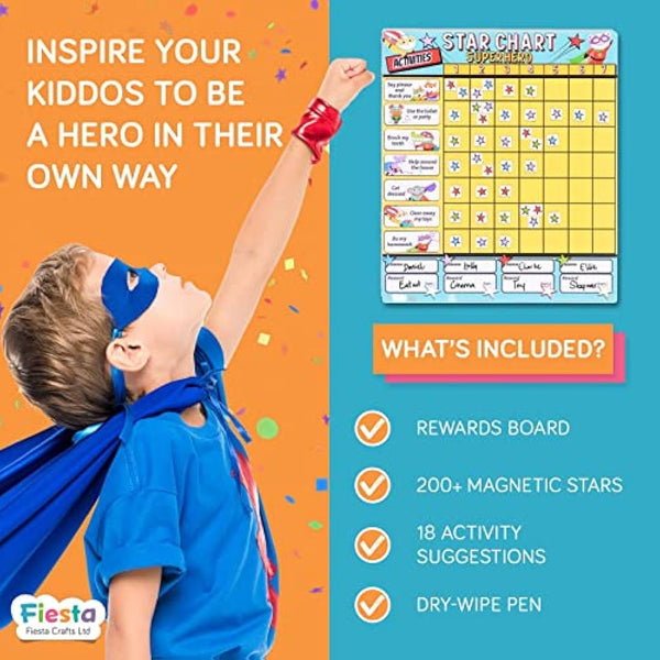 Fiesta Crafts Superhero Star Reward Chart - Magnetic Chore Board for Kids & Toddlers - Colour-Coded & Tracks Up to 4 Children to Encourage Good Behaviour - 200+ Stars, 19 Activity Suggestions, & Pen