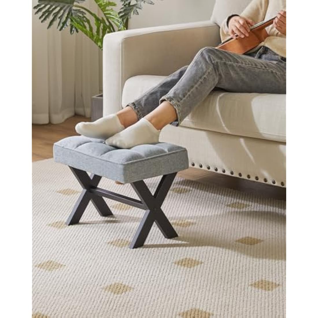IBUYKE Small 12" H Footrest Stool, Square Linen Foot Stool with Metal X-Leg, Multi-Use as Small Side Table, Step Stool for Living Room, Bedroom, Entryway, Office, Blue Gray WBD011L