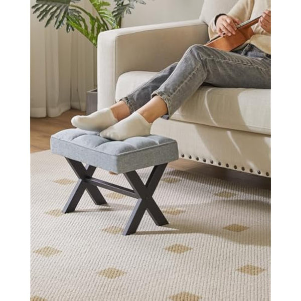 IBUYKE Small 12" H Footrest Stool, Square Linen Foot Stool with Metal X-Leg, Multi-Use as Small Side Table, Step Stool for Living Room, Bedroom, Entryway, Office, Blue Gray WBD011L