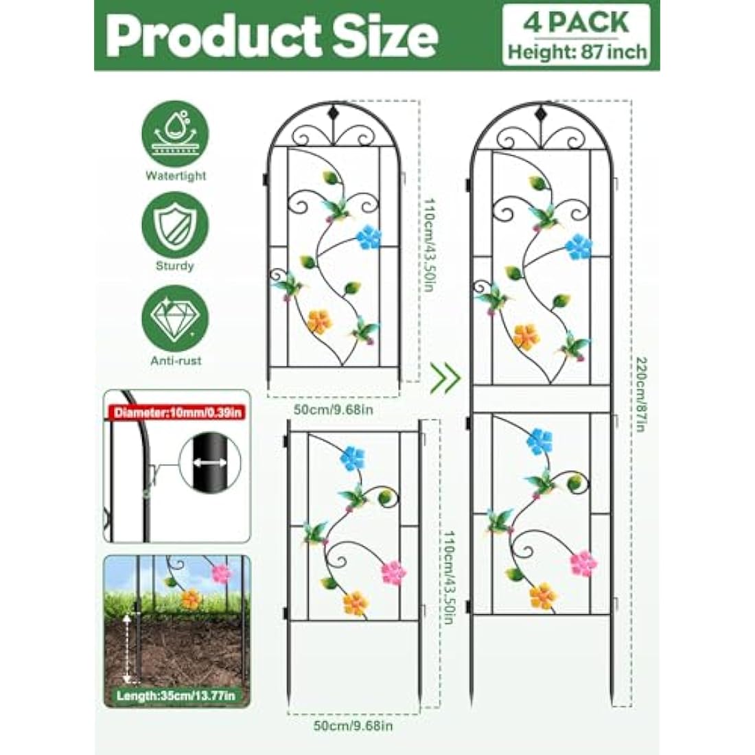 2.2 M Garden Trellis for Climbing Plants, Kalolary 4 Pack Colorful Hummingbird Garden Climbing Trellises Frame Rustproof Metal Potted Plant Climbing Support for Backyard Outdoor Flower Vegetable Vines