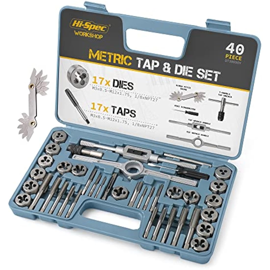 Hi-Spec 40pc Metric Tap & Die Set. Complete M3 to M12 Tapping and Threading Tools with Tap Wrench & Screw Pitch Gauge Accessories