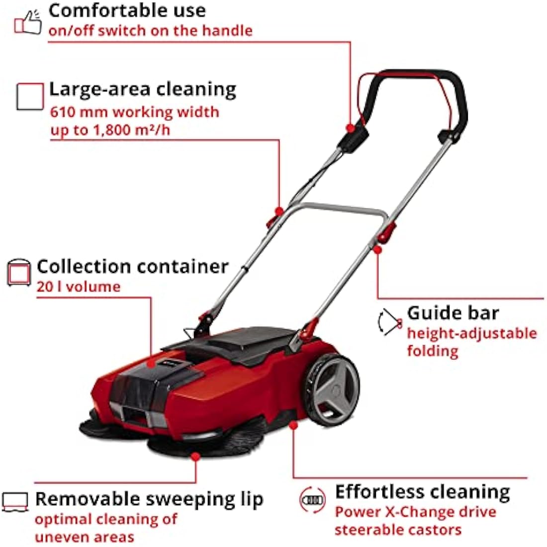 Einhell Power X-Change 18V Cordless Electric Push Sweeper - 610mm Width Electric Broom, 20L Dirt Tank, Adjustable Handle - TE-SW 18/610 Li Debris And Leaf Sweeper (Battery Not Included)