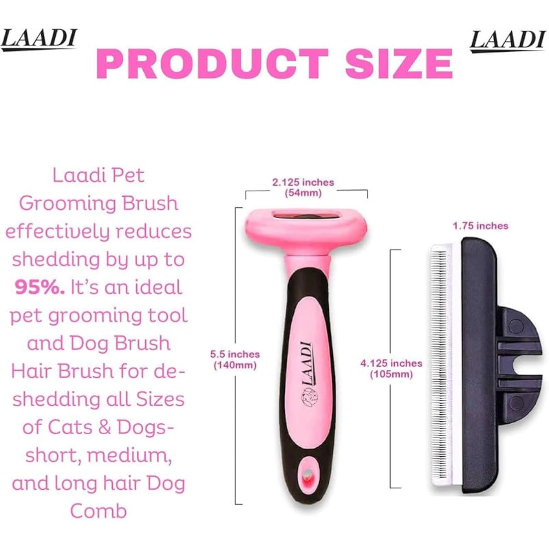 Laadi Deshedding Tool for Dogs and Cats - Reduces Shedding by Up to 95% in Less Than 10 Minutes—best Choice for Grooming and Deshedding Your Lovely Pets. Dog Cat Horse Rabbit Brush(Pink, L)