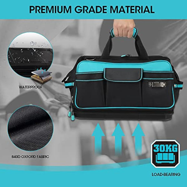 DURATECH Tool Bag 17-inch, 32 Pockets Large Tool Bag, Hard Base Wide Open Mouth Storage Bag, 840D Heavy Duty Tool Bags with Adjustable Shoulder Strap, Suitable for Household and Maintenance Personnel