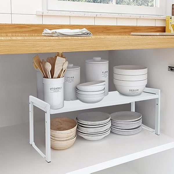 Goodsnetic Expandable Cabinet Shelf 13.8~26"(L), Stackable Kitchen Counter Organizer, 33LBS Heavy Duty Riser, Countertop Storage Pantry ， Durable Metal Sink Shelf (White L)
