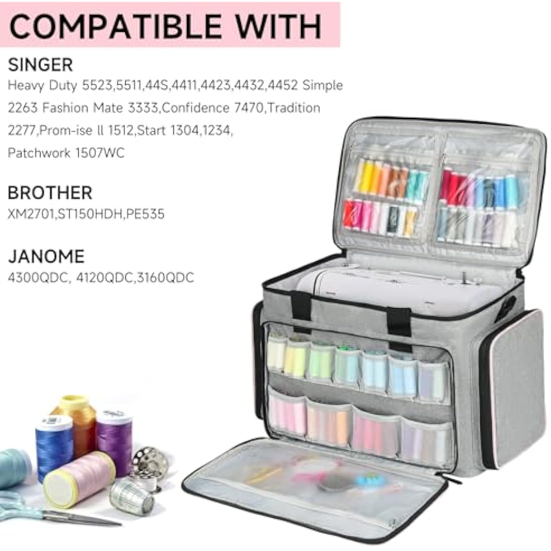 Sewing Machine Carrying Case Bag Compatible for Most Standard Singer,Brother,Janome with Multiple Storage Pockets,Universal Travel Tote Bag with Shoulder Strap for Sewing Machine and Supplies,Grey