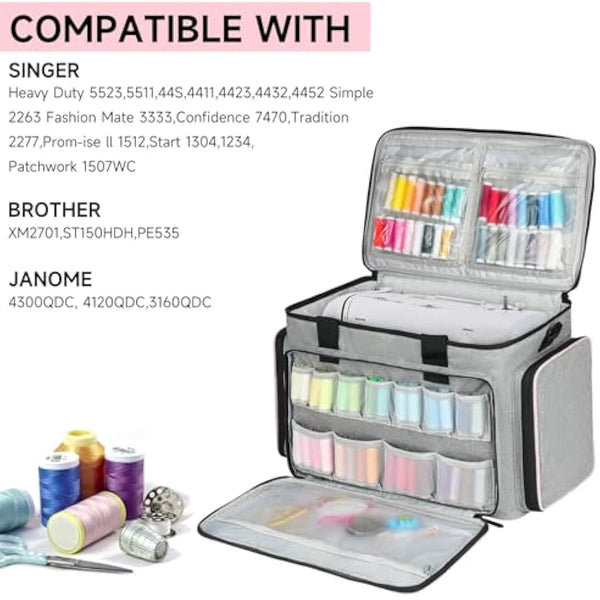 Sewing Machine Carrying Case Bag Compatible for Most Standard Singer,Brother,Janome with Multiple Storage Pockets,Universal Travel Tote Bag with Shoulder Strap for Sewing Machine and Supplies,Grey