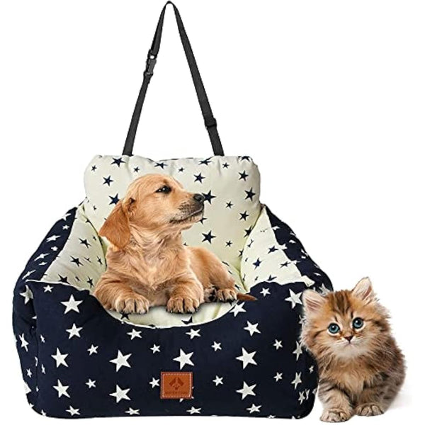 2 in 1 Dog Car Seat Washable and Stain Resistant Pet Booster Seat for Small and Medium Dogs Cats Super Soft PP Cotton Travel Safety Pet Car Seat with Storage Bag and Harness Strap (Navy Star)