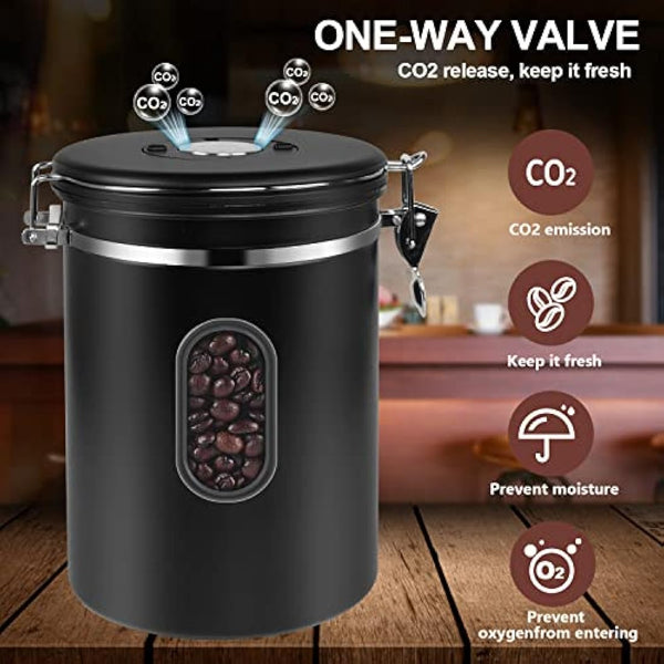 2800ML Airtight Coffee Canister with Date Tracker and Transparent Window, 35OZ Coffe Beans Storage with 30ML Measure Spoon&4 co2 Valve, Coffee Container for Grounds Coffee, Beans, Tea, Sugar, Flour