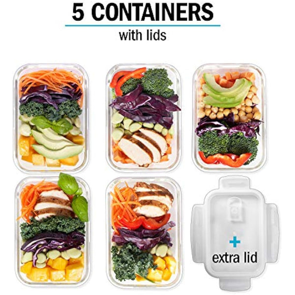 Igluu Meal Prep Glass Containers with Air Vents Lids 5 Pack Rectangle 840ml 28oz BPA-Free Meal Prep Containers Reusable – Borosilicate Glass, Oven Safe