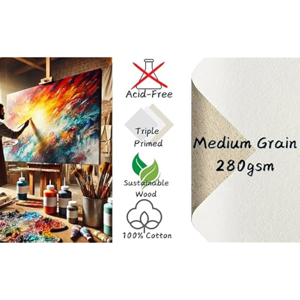 Exerz 50x60cm Pre-Stretched Canvas 4pk - 1.7cm Artist Framed Canvas Blank/ 280GSM 100% Cotton/Triple Primed/Acid Free/Medium Grain/Professional Artist Acrylic Paint, Oil Paint