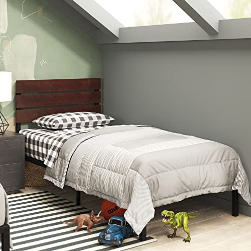 Zinus Figari Double Bed frame - Bed 135x190 cm - 31 cm Height with Underbed storage - Sustainable Bamboo and Metal Platform Bed frame with Slatted Headboard - Brown and Black