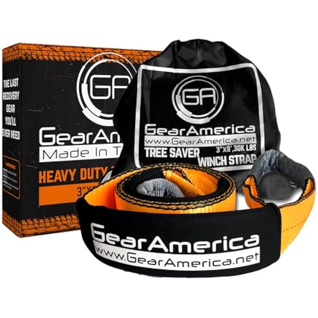 GearAmerica Tree Saver Winch Strap 3" X8' Heavy Duty 35,000 Lbs (17.5 Tons) Strength Off-Road Towing Rope for Jeep Or Truck Reinforced Loops with Orange Storage Bag