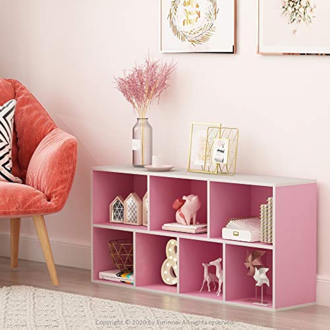 Furinno Luder 7-Cube Reversible Open Shelf, White/Pink