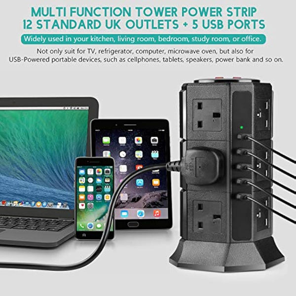 Extension Lead PRITEK 12 Way Outlets 1000J Surge Protector Vertical Power Strip with 5 USB Charging Ports 10A/2500W Overload Protection Extension Socket with 6.5ft Extension Cord (Black)