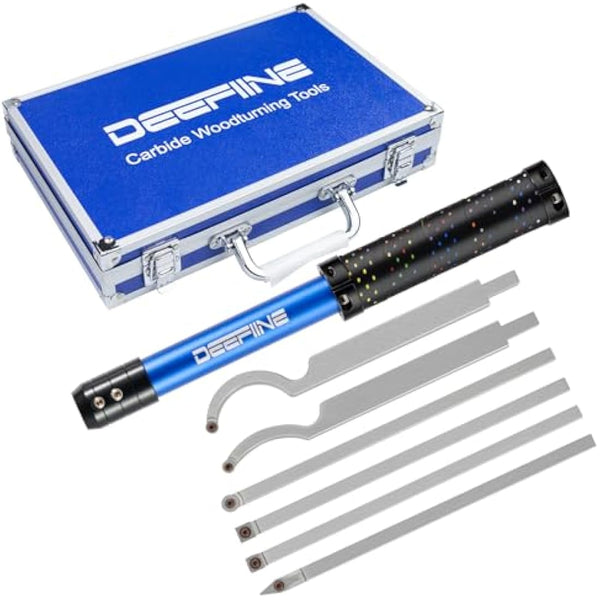 DEEFIINE Carbide Tipped Wood Lathe Turning Tools Set, Lathe Rougher Finisher Swan Neck Hollowing Tools and Interchangeable Soft Grip Handle with Diamond Round Square Carbide Inserts