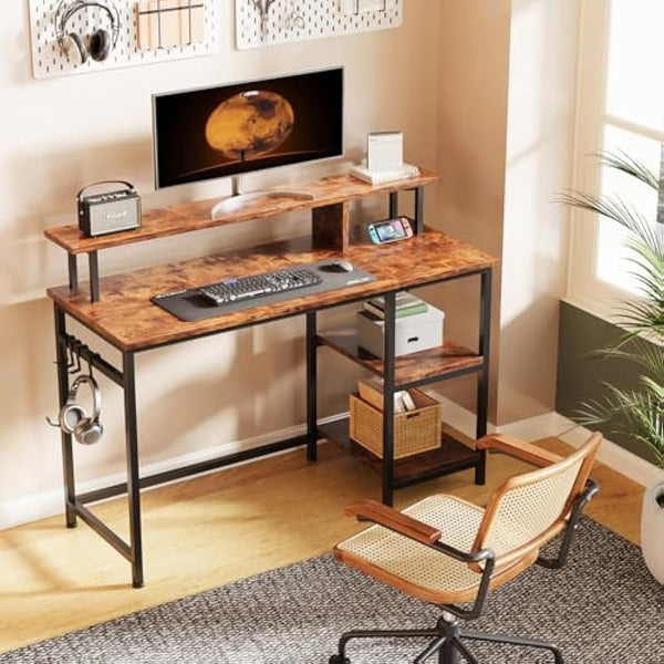 Dripex Computer Desk Home Office Desk with Monitor Stand & Storage Shelves Rustic Brown Work Writing Desk Gaming Table for Small Spaces (L107.5x W48x H95cm)